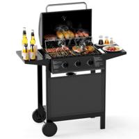 Buiten Gasgrill met 3 Verwarmingszones Draagbare Grillwagens met Deksel RVS Roosters & Zijtafels