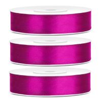 3x Hobby/decoratie fuchsia roze satijnen sierlinten 1,2 cm/12 mm x 25 meter