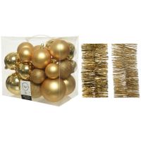 Kerstversiering kunststof kerstballen 6-8-10 cm met folieslingers pakket goud van 28x stuks