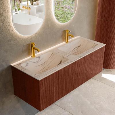 Badmeubel Mondiaz Kurve-Dlux | 120 cm | Meubelkleur Ruby | Wastafelkleur Nata | Solid surface | Wasbak beide zijden spoelbak | 2 kraangaten