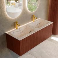 Badmeubel Mondiaz Kurve-Dlux | 120 cm | Meubelkleur Ruby | Wastafelkleur Nata | Solid surface | Wasbak beide zijden spoelbak | 2 kraangaten