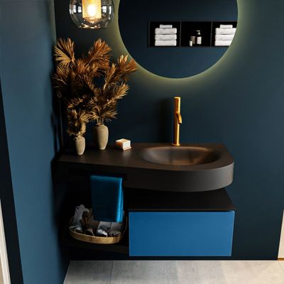 MONDIAZ RIVA 100cm badmeubel onderkast / planchet kleur Jeans met 1 lade. Wastafel DULCET rechts 1 kraangat kleur Urban.