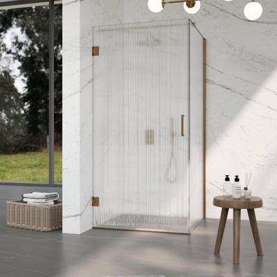 Fortifura Galeria Douchecabine - 90x80x200cm - scharnieren - deurgreep - stabilisatiestang - helder geribbeld - veiligheidsglas - Geborsteld koper PVD (Koper) SW1208821/SW1122565/SW876702/SW797952