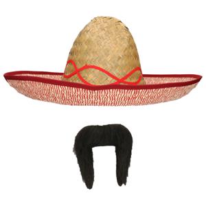 Carnaval verkleed set - Mexicaanse sombrero hoed met plaksnor - naturel - heren