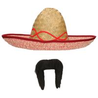 Carnaval verkleed set - Mexicaanse sombrero hoed met plaksnor - naturel - heren - thumbnail