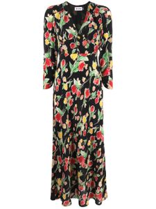 Rixo robe mi-longue en soie à fleurs - Noir