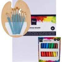 Complete hobby schilderij maken verf set - met canvas schildersdoek van 30 x 30 cm - penselen - verf