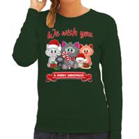 Foute Kersttrui/sweater voor dames - We wish you - groen - kerst katjes - kerst cadeau