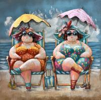 Schilderij - Metaalschilderij - Dikke Dames op het strand met parasol ,100x100cm, 3D schilderij