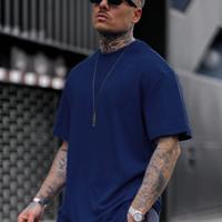 Men's Dark Grey Drop Shoulder Tee - Casual Round Neck T-Shirt Navy Blue / XXL