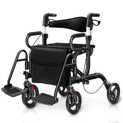 2 in 1 Rollator voor Ouderen Opvouwbaar Omkeerbare Rugleuning Verstelbare Handgrepen Aluminium Transportstoel Zwart