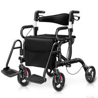 2 in 1 Rollator voor Ouderen Opvouwbaar Omkeerbare Rugleuning Verstelbare Handgrepen Aluminium Transportstoel Zwart