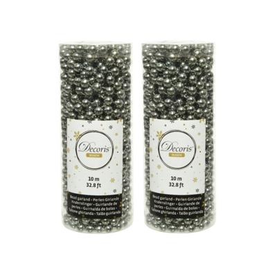 Decoris Kralenslinger - 2x stuks - antraciet grijs - 10 meter - kunststof - glans - kerstslinger - k