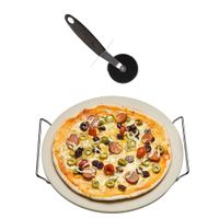 Keramische pizzasteen rond 33 cm met handvaten en pizza snijder 19 cm