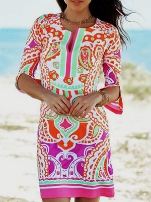 Ethnic Half Sleeve Notched Vacation Tunic Dress