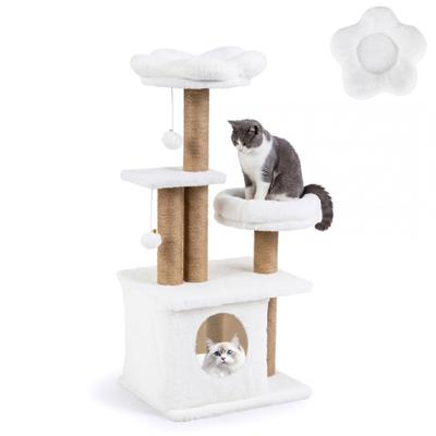 Kattenklimrek van 96 cm Hoog Voorzien van een Bloemvormig Platform met Zachte Bekleding een Kattenmand en een Kattenbed-Beige