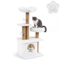 Kattenklimrek van 96 cm Hoog Voorzien van een Bloemvormig Platform met Zachte Bekleding een Kattenmand en een Kattenbed-Beige