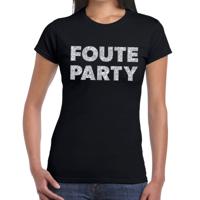 Foute Party verkleed t-shirt - zilveren glitter tekst - zwart - voor dames - Party kleding