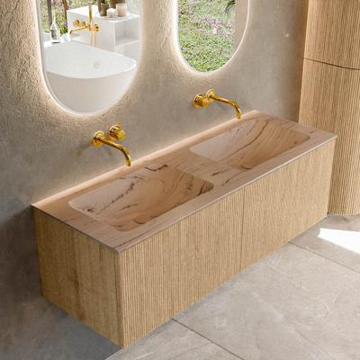 Badmeubel Mondiaz Kurve-Dlux | 130 cm | Meubelkleur Oak | Wastafelkleur Arena | Solid surface | Wasbak beide zijden spoelbak | Zonder kraangat(en)