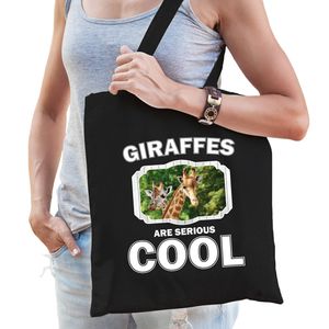 Katoenen tasje giraffes are serious cool zwart - giraffen/ giraffe cadeau tas - Feest Boodschappentassen