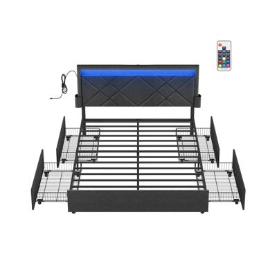 Gestoffeerd tweepersoonsbed met lades en verstelbaar hoofdbord, leigrijs / 140 x 200 cm