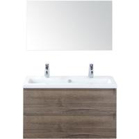 Vogue Badmeubelset 100 cm - Greeplijst in Kleur - Tabacco - Keramische Wastafel Wit 2 Kraangaten met Spiegel