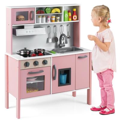 Houten Kinderkeuken Speelkeuken met Magnetron Afzuigkap Kookplaat Speelgootsteen Oven Ijsblokjesmachine en 18 Accessoires Roze+Wit
