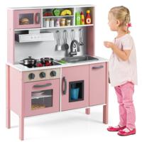 Houten Kinderkeuken Speelkeuken met Magnetron Afzuigkap Kookplaat Speelgootsteen Oven Ijsblokjesmachine en 18 Accessoires Roze+Wit