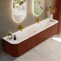 Badmeubel Mondiaz Kurve-Dlux | 200 cm cm | Meubelkleur Ruby | Wastafelkleur Frappe | Solid surface | Wasbak beiden zijden spoelbak | 2 kraangaten