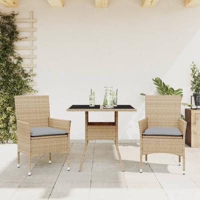 3-delige Tuinset met kussens poly rattan en glas beige