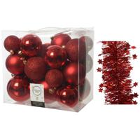 Kerstversiering kunststof kerstballen 6-8-10 cm met sterren folieslingers pakket rood van 28x stuks - Kerstbal - thumbnail