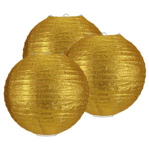 Papieren feest lampion met glitters - 3x - goud - Dia 25 cm - versiering - feestartikelen