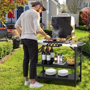 Grilltafel met 3 Planken Grillwagen met Verstelbare Plank Kruidenrek Handdoekenrek Tissuerek Platte Roestvrijstalen Tafel op Wielen