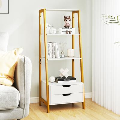 Vrijstaand Ladderrek 134 cm Boekenrek met 4 Open Planken en 2 Lades Veelzijdige Staande Kast Wit