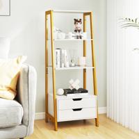 Vrijstaand Ladderrek 134 cm Boekenrek met 4 Open Planken en 2 Lades Veelzijdige Staande Kast Wit