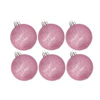 6x stuks kunststof glitter kerstballen roze 6 cm