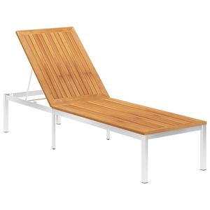 The Living Store Houten ligstoel - Acaciahout - Verstelbare rugleuning - Grijs kussen - 200x60x35/68/80/88 cm