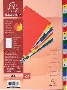 Exacompta tabbladen voor ft A4, uit PP, van A tot Z, 20 tabs, met indexblad, geassorteerde kleuren