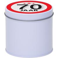 Cadeau koek of snoep blik - met 70 jaar opdruk sticker - 10 x 10 cm - Cadeauverpakking verjaardag
