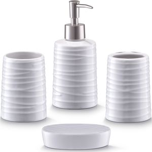 Badkamer/toilet accessoires set 4-delig - keramiek - wit - wave relief