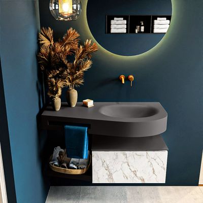 MONDIAZ RIVA 100cm badmeubel onderkast / planchet kleur carrara met 1 lade. Wastafel DULCET rechts 0 kraangaten kleur Dark_Grey. MONDIAZ RIVA 100cm badmeubel onderkast / planchet kleur carrara met 1 lade. Wastafel DULCET rechts 0 kraangaten kleur Dark_Grey.