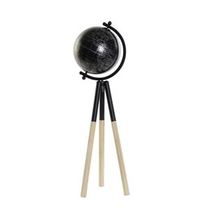 Decoratie wereldbol/globe zwart metaal op houten voet 18 x 60 cm   -