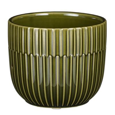 Mica Decorations - Plantenpot/bloempot - keramiek - groen - stripes patroon - D11 x H9 cm