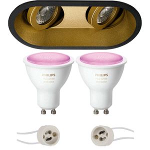 Pragmi Zano Pro - Inbouw Ovaal Dubbel - Mat Zwart/Goud - Kantelbaar - 185x93mm - Philips Hue - LED Spot Set GU10 - White and Color Ambiance - Bluetooth
