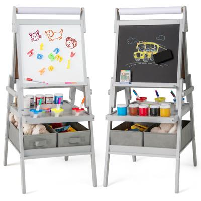 3-In-1 Kinderezel Dubbelzijdige Staande Ezel met Schoolbord en Whiteboard Papierrol 3 Potten Verf en 2 Opbergbakken voor Kinderen