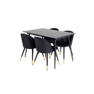 SilarBLExt eethoek eetkamertafel uitschuifbare tafel lengte cm 120 / 160 zwart en 4 Velvet eetkamerstal velours zwart,
