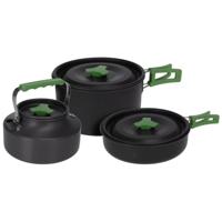 Redcliffs Outdoor Camping pannenset - 3x - aluminium/RVS - zwart/groen - kamperen