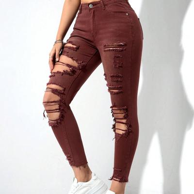 Bon&Bon Women's High Waist Skinny Jeans - Ripped Light Grey Denim Rust Brown / XL