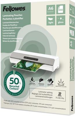 Fellowes lamineerhoes 50 % gerecycleerd, glanzend, ft A6, pak van 100 stuks