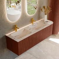 Badmeubel Mondiaz Kurve-Dlux | 155 cm | Meubelkleur Ruby | Wastafelkleur Nata | Solid surface | Dubbel / Links spoelbak | 2 kraangaten